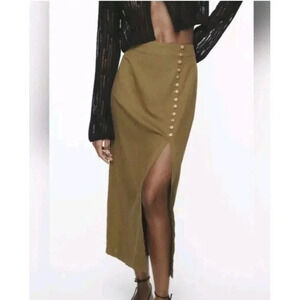 Zara Linen Cotton Blend Slit Faux Button Olive Green Straight Midi Long Skirt M